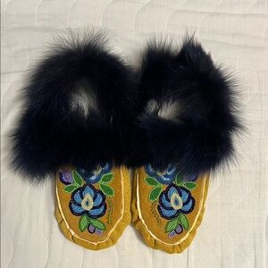 Floral Beaded Moose hide Moccasins with real fox fur trim.